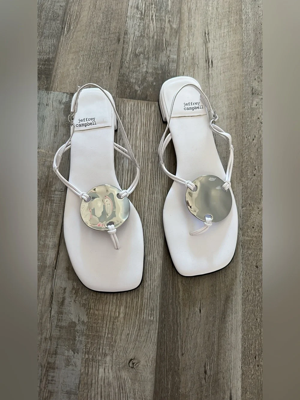 Jeffrey Campbell White Leather Thong Sandals with Silver Accent